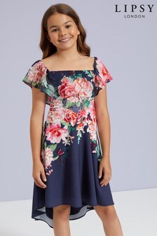 lipsy gracie print halter tie frill midi dress