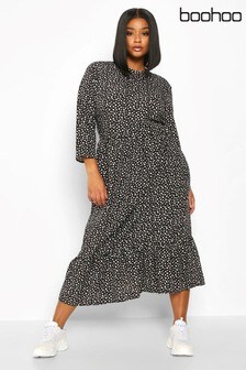 prettylittlething tie front midi dress in leopard