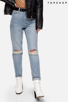 bleach wash mom tapered jeans