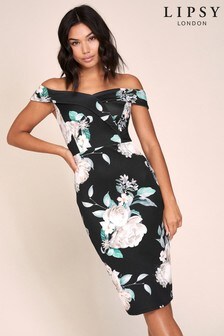 lipsy bardot midi dress in floral print in navy