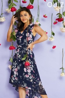 quiz navy and pink floral wrap dress