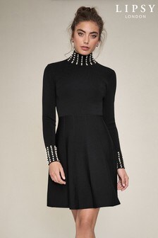 lipsy embellished pleated cuff shift dress