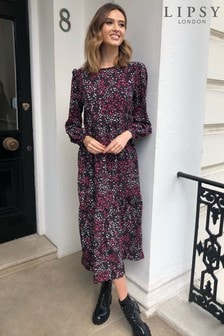 Longsleeve Floral Midi Black Dresses 