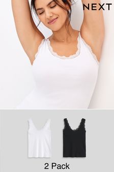 Black/White Rib Lace Trim Vests 2 Pack
