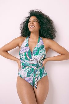 Purple Tropical Print Tummy Control Halter Swimsuit