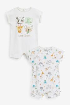 White Safari Friends 2 Pack Baby Rompers (0mths-3yrs)