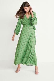 Green Print Wrap Maxi Summer Dress