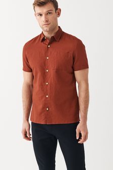 Rust Brown Cotton Linen Blend Short Sleeve Shirt