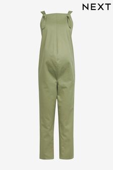 Khaki Green Maternity Adjustable Strap Cotton Relaxed Jumpsuit