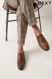 Tan Brown Leather Woven Embossed Tassel Loafers