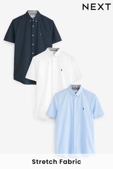 White/Blue/Navy 3 Pack Short Sleeve Stretch Oxford Shirt