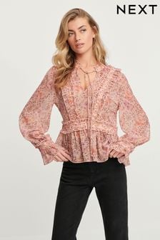 Pink Floral Tie Neck Ruffle Long Sleeve Blouse