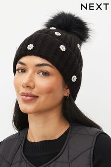 Black Embellished Pearl Pom Hat