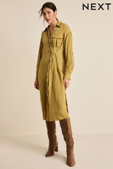 Olive Green Tie Front Long Sleeve Textured Utility Shirt Dress