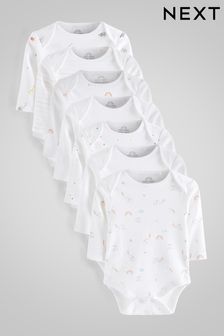 White Animal Print 7 Pack Baby Long Sleeve Bodysuits