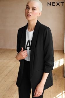 Black Relaxed Ruched Sleeve Blazer