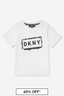 تيشرت قطن عضوي أبيض بشعار للأولاد من DKNY
