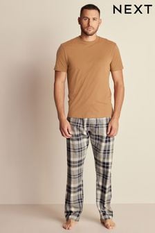 Tan Brown/Grey Brushed Cotton Check Pyjama Set