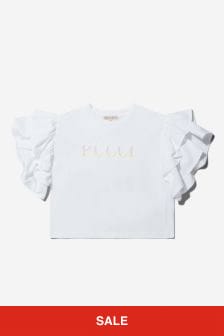 Emilio Pucci Girls Cotton Ruffle Sleeve Logo T-Shirt in White