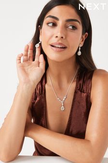 Silver Plated Teardrop Earrings And Y Necklace Set