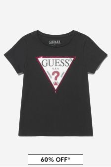 Guess Girls Cotton Logo T-Shirt in Black