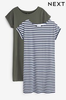 Khaki/Navy Blue White Stripe Relaxed Capped Sleeve Tunic Dresses 2 Pack