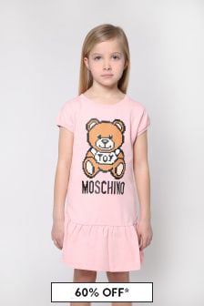 Moschino Kids Girls Cotton Teddy Toy Logo Dress in Pink