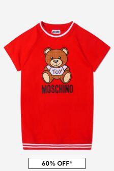 Moschino Kids Girls Cotton Teddy Toy Logo Dress in Red