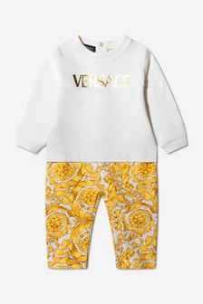Versace Baby Unisex Cotton Barocco Print Logo Romper in White