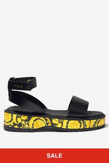 Versace Girls Leather Barocco Print Sandals in Black