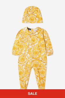 Versace Baby Unisex Cotton Barocco Print Babygrow and Hat Gift Set in White