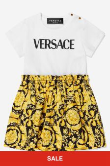 فستان جيرسيه قطن طبعة بشعار Barocco للبنات البيبي من Versace