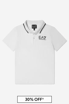 قميص بولو قطن أبيض بشعار للأولاد من EA7 Emporio Armani