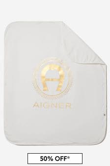 بطانية قطن Pima بيضاء بشعار للبيبي من الجنسين من Aigner