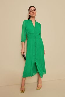 Green Shirred Waist Long Dress