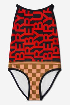Burberry Kids Girls Montage Print Stretch Nylon Swimsuit in Red