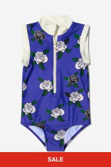 Mini Rodini Girls Blue Rose Print Zip Up Swimsuit