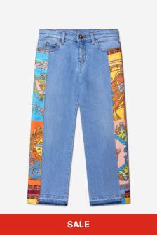 Versace Girls Cotton Denim Royalty Print Flared Jeans in Blue