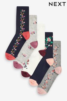 Navy Blue Pretty Floral Ankle Socks 5 Pack