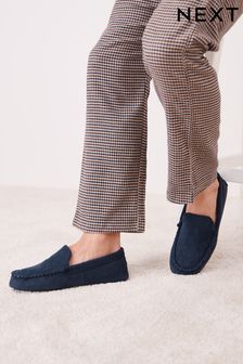 Navy Blue Check Lined Moccasin Slippers