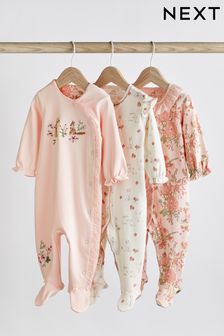 Pale Pink Bunny/Floral Baby Sleepsuits 3 Pack (0-0mths)