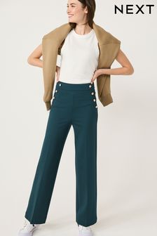Teal Blue Ponte Button Wide Leg Trousers