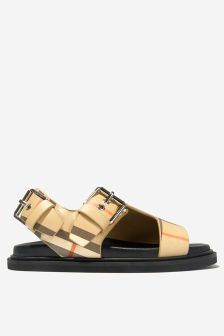 Burberry Kids Leather Check Buckled Sandals in Beige