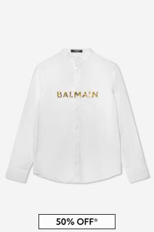 قميص قطن أبيض طبعة بشعار للأولاد من Balmain