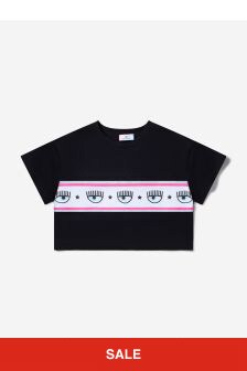 キアラ・フェラニ・ガールズ・コットン・ジャージー クロップドロゴTシャツ(黒)
