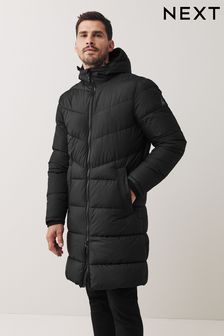 Black Chevron Quilted Shower Resistant Long Puffer Coat