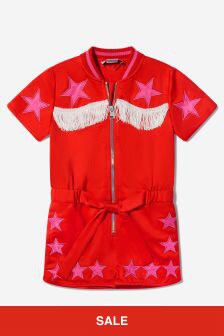 Stella McCartney Kids Girls Cotton Satin Fringed Star Playsuit in Red