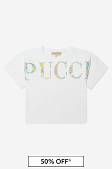 Emilio Pucci Girls White Cotton Logo Print T-Shirt