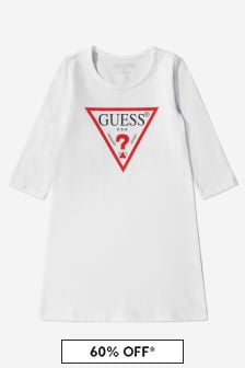 Guess Girls Long Sleeve Logo Dress in White