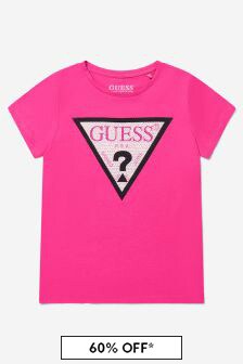 Guess Girls Cotton Logo Print T-Shirt in Pink